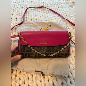 Authentic FENDI 2015 Zucca Pink cyclamin & Tobacco Mini Pouch wt boxtagsdustbag